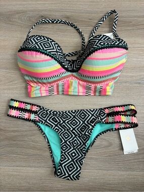 Shade & Shore Striped Neon & Black Patterned Bikini Set